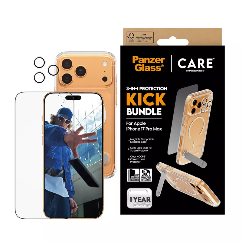 Ekrano apsaugos ir dėklo rinkinys PanzerGlass CARE 3-in-1 Feature Kick, skirtas iPhone 17 Pro Max — grūdintas stiklas, PET, silikonas, permatomas