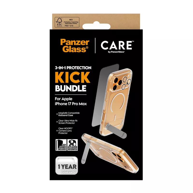 Ekrano apsaugos ir dėklo rinkinys PanzerGlass CARE 3-in-1 Feature Kick, skirtas iPhone 17 Pro Max — grūdintas stiklas, PET, silikonas, permatomas