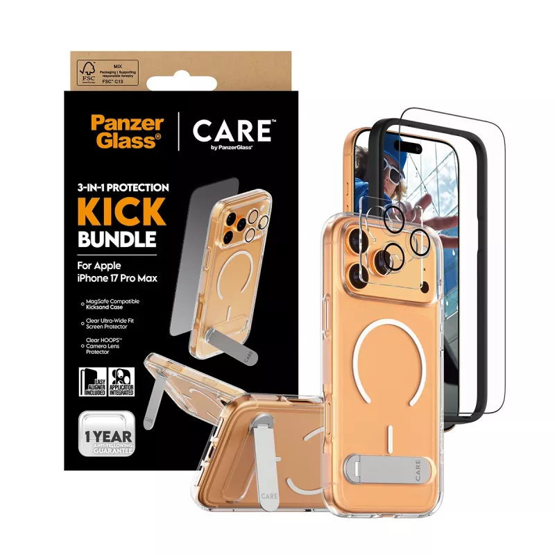 Ekrano apsaugos ir dėklo rinkinys PanzerGlass CARE 3-in-1 Feature Kick, skirtas iPhone 17 Pro Max — grūdintas stiklas, PET, silikonas, permatomas