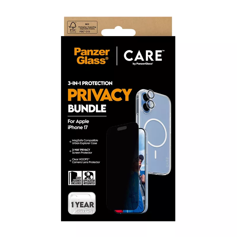 Apsauginis dėklas PanzerGlass Case CARE, skirtas iPhone 17, su privatumo funkcija, 3-in-1 funkcionalumas