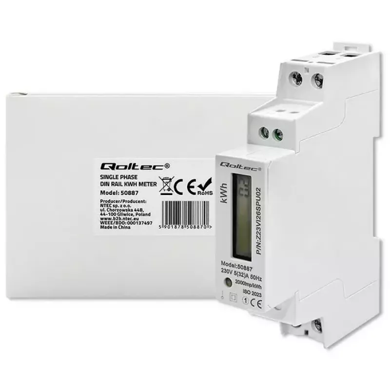 Vienfazis elektros energijos skaitiklis QOLTEC 50887 1-fazis 230V LCD plonas