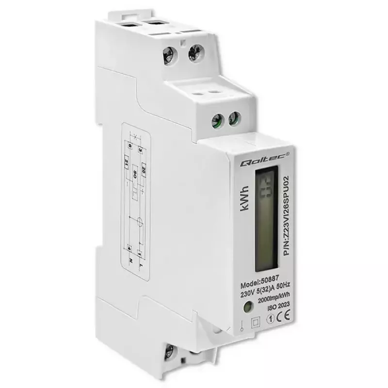 Vienfazis elektros energijos skaitiklis QOLTEC 50887 1-fazis 230V LCD plonas