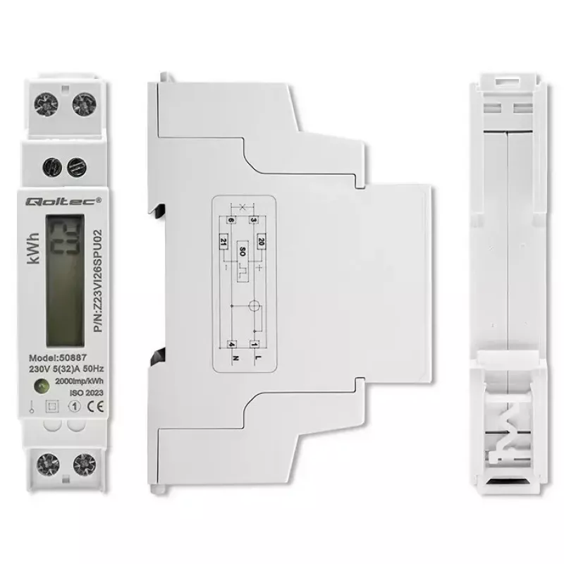 Vienfazis elektros energijos skaitiklis QOLTEC 50887 1-fazis 230V LCD plonas