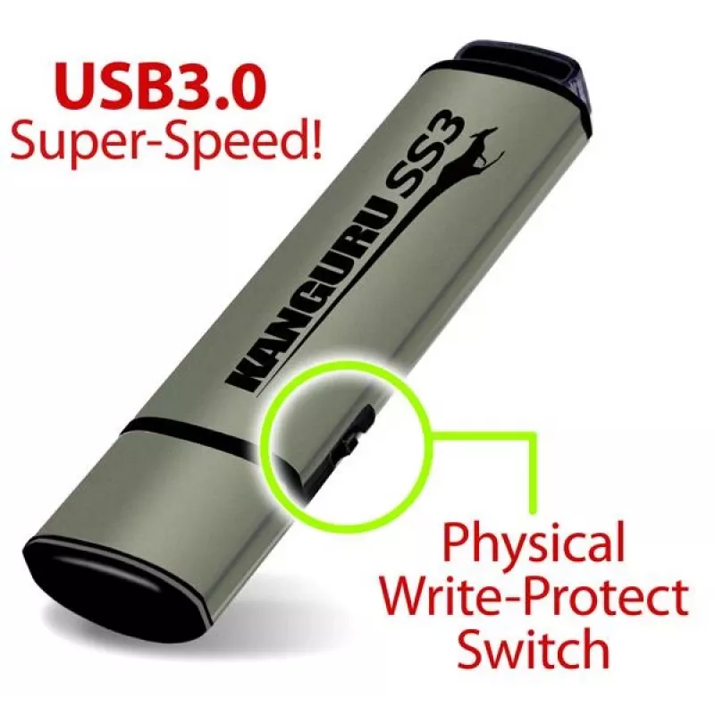 Kanguru SS3™ SuperSpeed USB3.0 64GB |Secure Flash Drive| Physical Write Protect Switch | Windows “Ready Boost” Suderinama | Simple Driverless Setup | Plug and Play