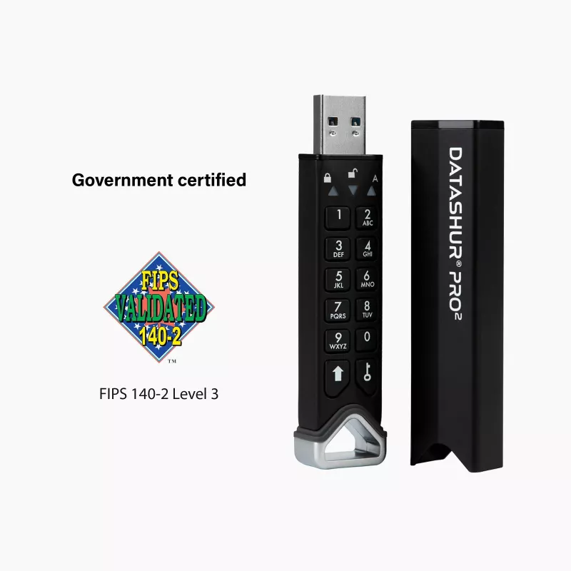 iStorage datAshur PRO2 128 GB | Saugi USB atmintinė | FIPS 140-2 3 lygio sertifikuota | AES-XTS 256 bitų aparatinė šifravimo sistema | Apsaugota slaptažodžiu | Atspari dulkėms ir vandeniui |