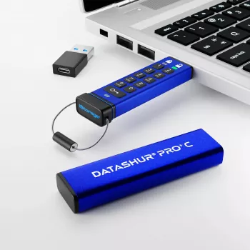 iStorage datAshur PRO+C 128GB | FIPS 140-3 3 lygio sertifikuotas | Saugus USB Type-C diskas | AES-XTS 256 bitų aparatinė šifravimo apsauga | Apsaugotas PIN kodu | Pridedamas Type C-A adapteris