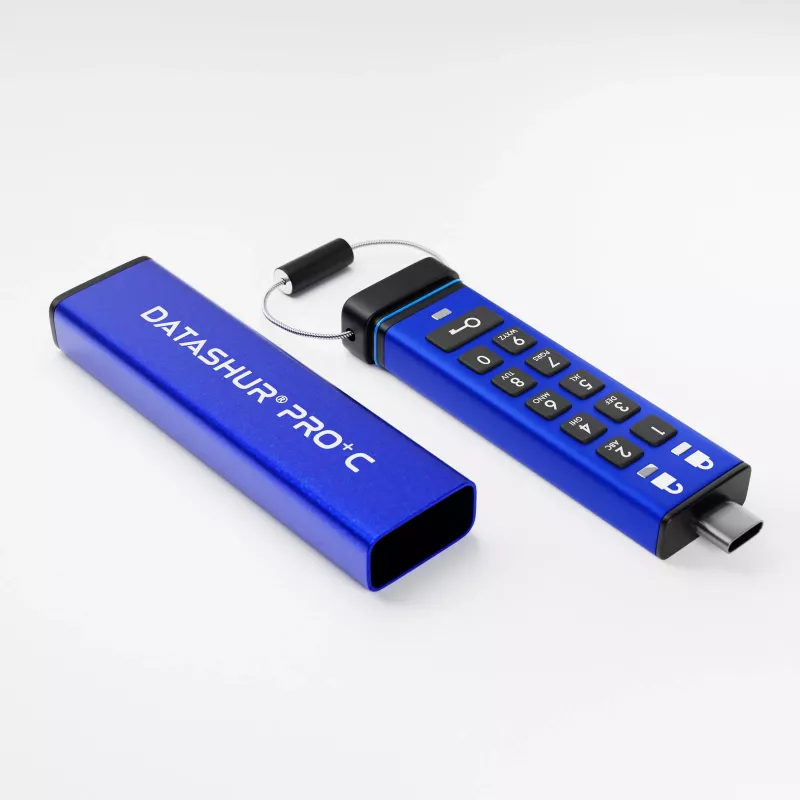 iStorage datAshur PRO+C 512GB | FIPS 140-3 Level 3 sertifikuotas | Saugus USB Type-C diskas | AES-XTS 256 bitų aparatinė šifravimo apsauga | Apsaugotas PIN kodu | Pridedamas Type C-A adapteris