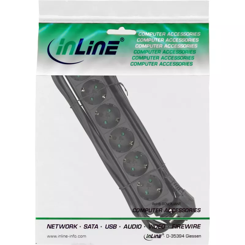 InLine kištukinis lizdas, 6 krypčių įžeminimo kontaktas CEE 7/3, juodas, 5m