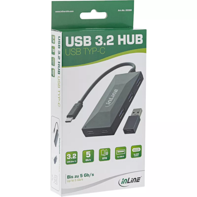 InLine USB 3.2 Gen.1 šakotuvas, USB-C į 2 USB-C ir 3 USB-A prievadus, be maitinimo bloko