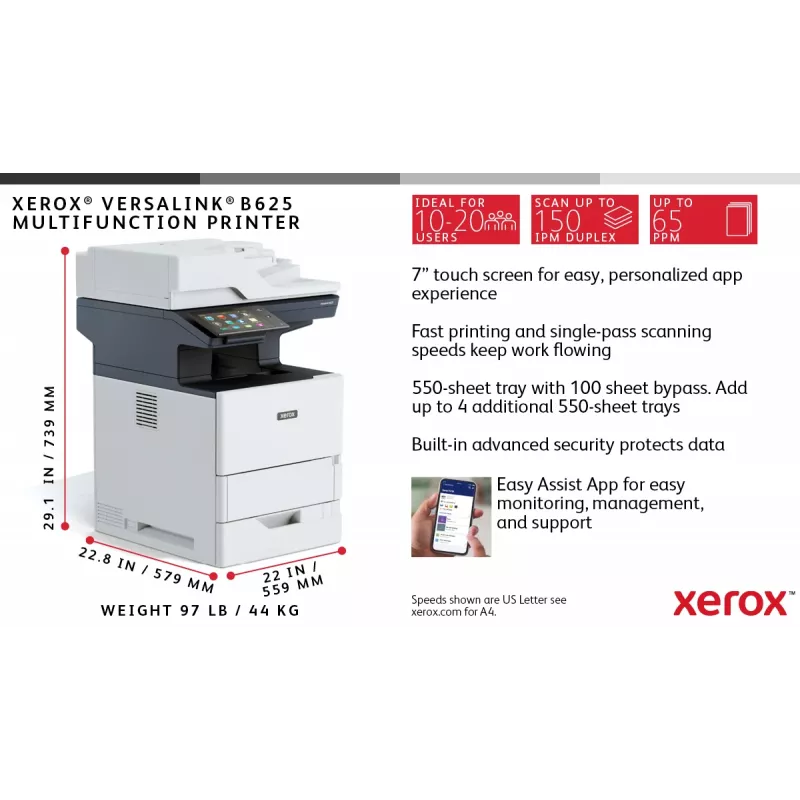 Xerox VersaLink B625 A4 61ppm Dvikopis Kopijavimas/Spausdinimas/Skenavimas/Faksas PS3 PCL5e/6 2 Padėklai 650 Lapų