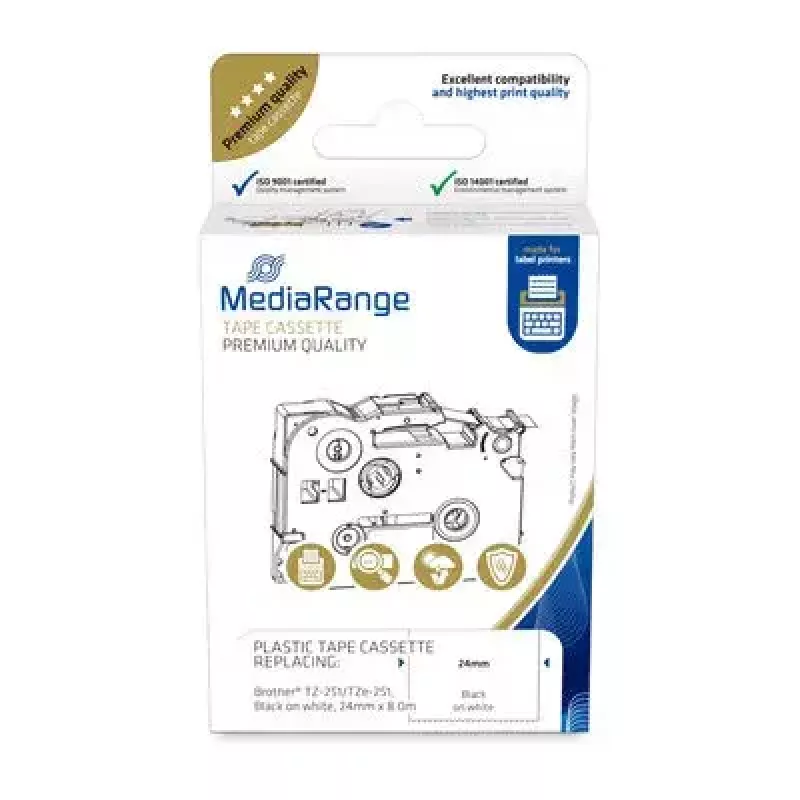 Plastikinės juostos kasetė MediaRange TZ-251 24mm 8m juoda ant balto