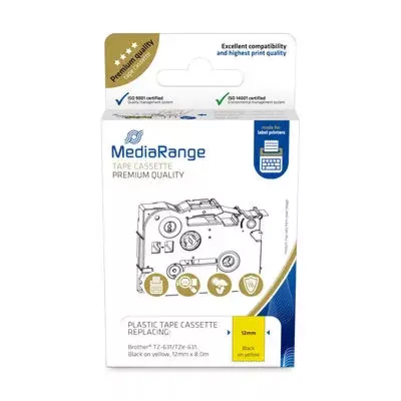 Plastikinės juostos kasetė MediaRange TZ-631 12 mm juoda ant geltono