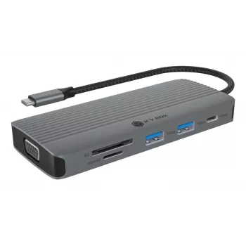 Dokingo stotis ICY BOX IB-DK4040a-CPD — 10-in-1 USB-C, HDMI 4K60Hz, VGA, 3×USB-A, Gigabit LAN, PD 100W, SD/MicroSD, aliuminis