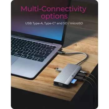 Dokingo stotis ICY BOX IB-DK4040a-CPD — 10-in-1 USB-C, HDMI 4K60Hz, VGA, 3×USB-A, Gigabit LAN, PD 100W, SD/MicroSD, aliuminis