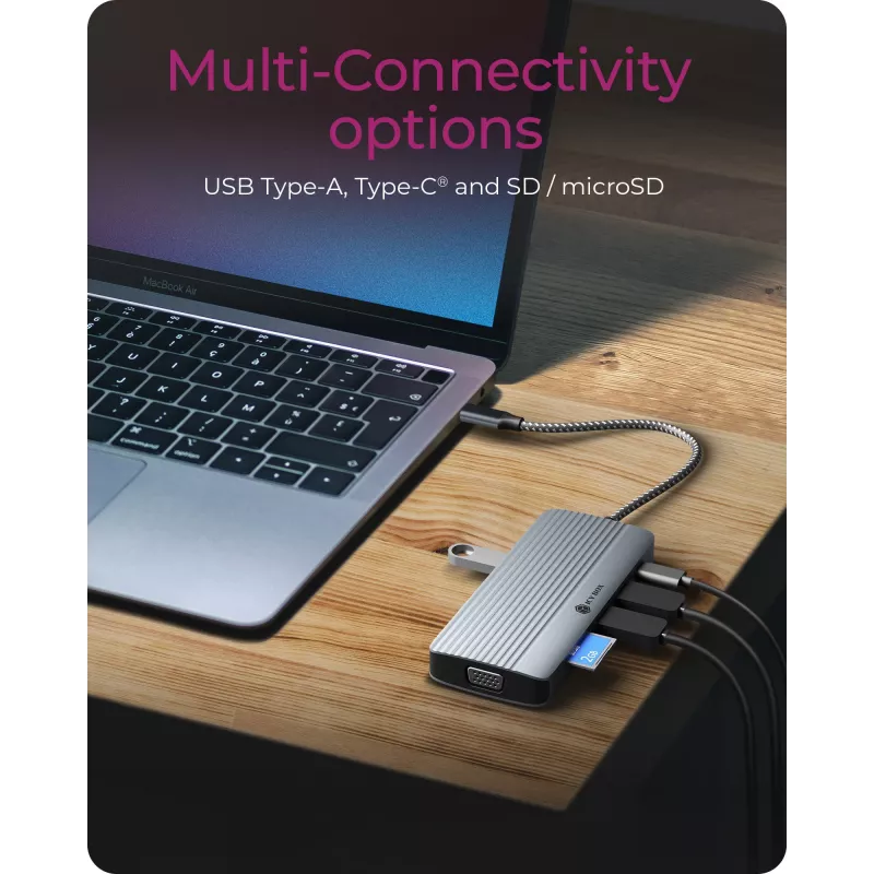 Dokingo stotis ICY BOX IB-DK4040a-CPD — 10-in-1 USB-C, HDMI 4K60Hz, VGA, 3×USB-A, Gigabit LAN, PD 100W, SD/MicroSD, aliuminis