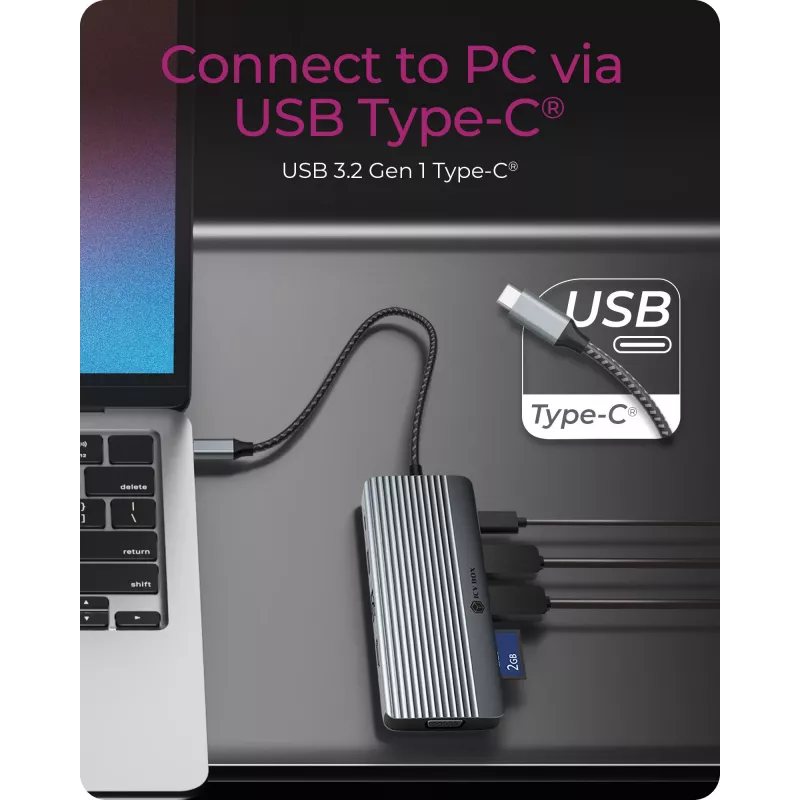 Dokingo stotis ICY BOX IB-DK4040a-CPD — 10-in-1 USB-C, HDMI 4K60Hz, VGA, 3×USB-A, Gigabit LAN, PD 100W, SD/MicroSD, aliuminis