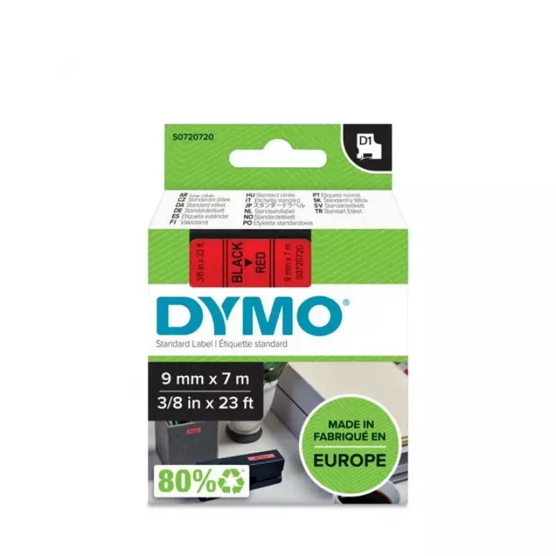 DYMO Authentic D1 etiketės | Juodas spaudinys ant raudonos juostos | 9 mm x 7 m | Lipnios etiketės, skirtos LabelManager etikečių gamintojams | Pagaminta Europoje