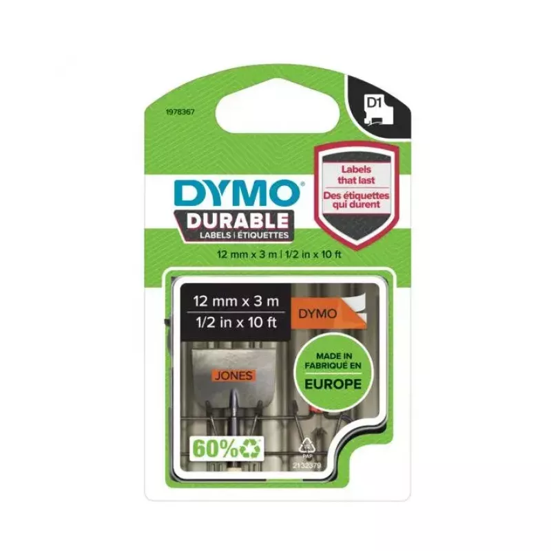 DYMO Authentic D1 patvarios etiketės | Juodas spausdinimas ant oranžinės juostos | 12 mm x 3 m | Aukštos kokybės etikečių juosta, skirta LabelManager etikečių gamintojams