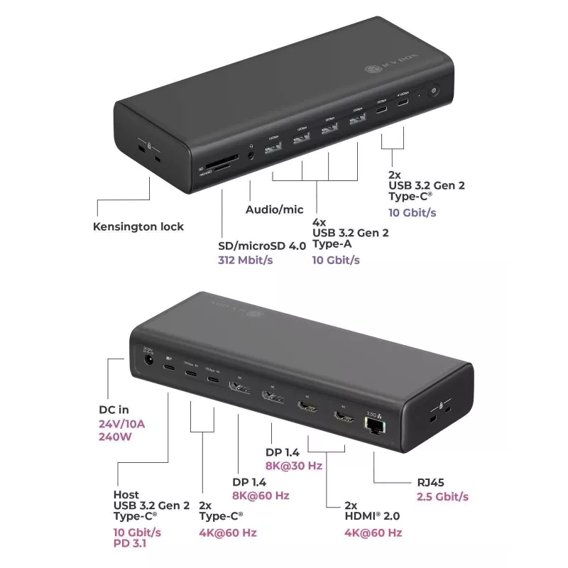 ICY BOX DockingStation 17-in-1, šeši vaizdo išėjimai, laidinis, USB 3.2 Gen 2 (3.1 Gen 2) Type-C, 140 W, 3,5 mm, 10,100,1000,2500 Mbit/s, juoda
