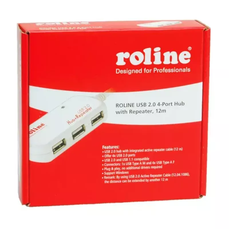 ROLINE USB šakotuvas 4 prievadų su kartotuvu 12 m