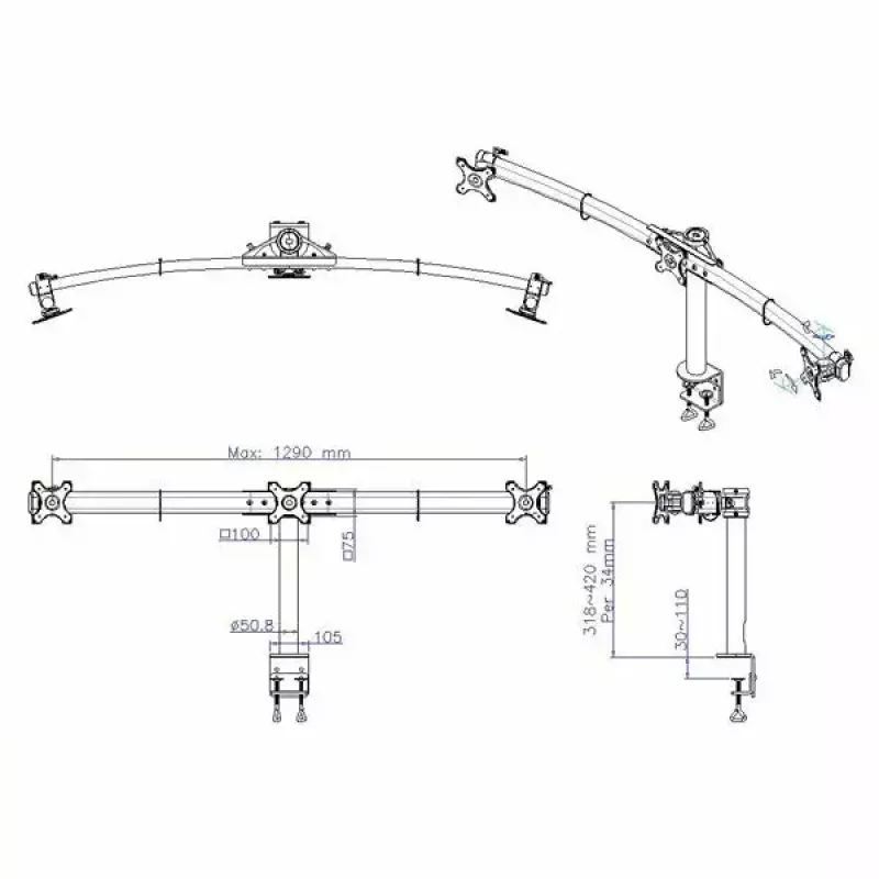 VALUE Triple LCD Arm Desk Clamp Juoda — 3-ekrano monitoriaus laikiklis, reguliuojamas