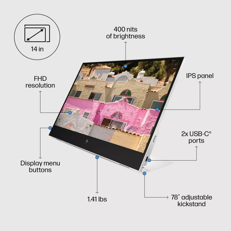 HP E-Series E14 G4 kompiuterio monitorius 35,6 cm (14 colių) 1920 x 1080 pikselių Full HD LED Baltas