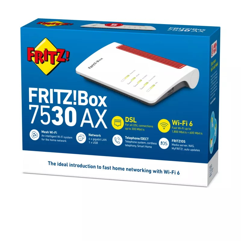 Dėžutė FRITZ! 7530 AX belaidis maršrutizatorius Gigabit Ethernet dviejų juostų (2,4 GHz / 5 GHz) balta