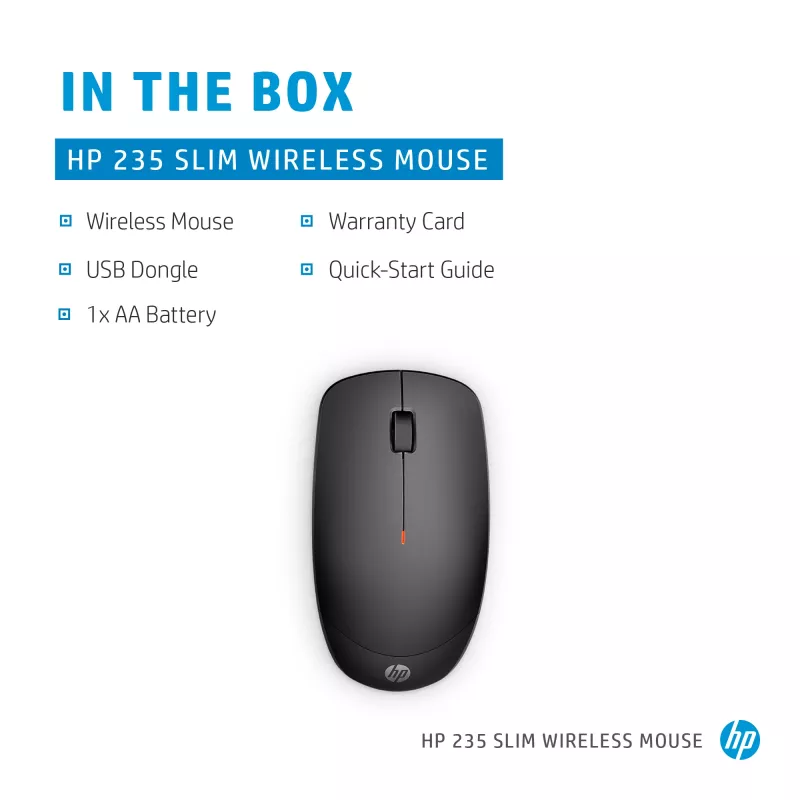HP 235 plonas Wireless pelė, abiem rankoms tinkama, optinė, RF belaidė, 1600 DPI, juoda