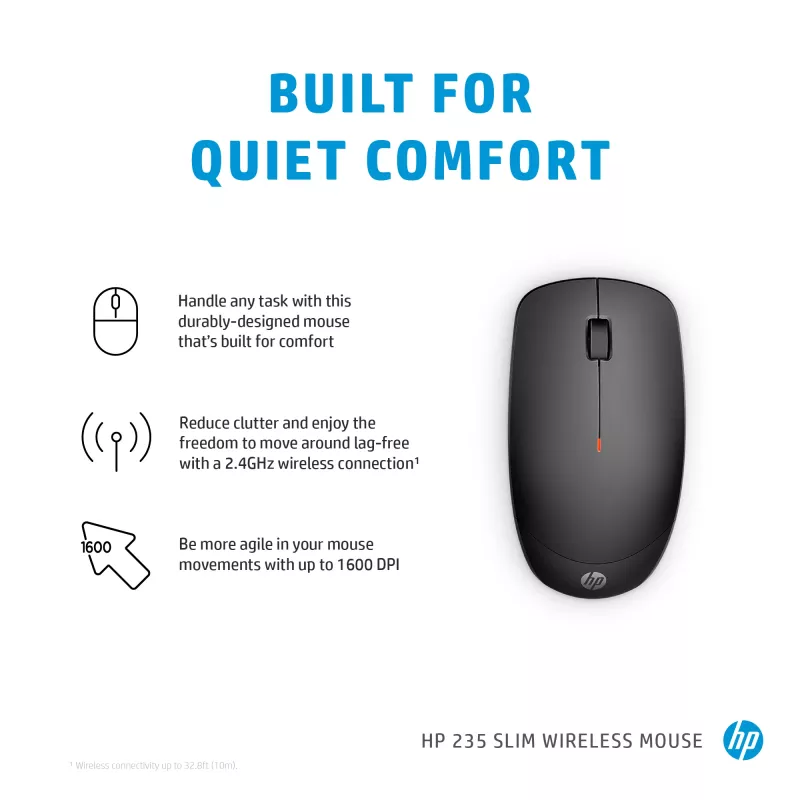 HP 235 plonas Wireless pelė, abiem rankoms tinkama, optinė, RF belaidė, 1600 DPI, juoda