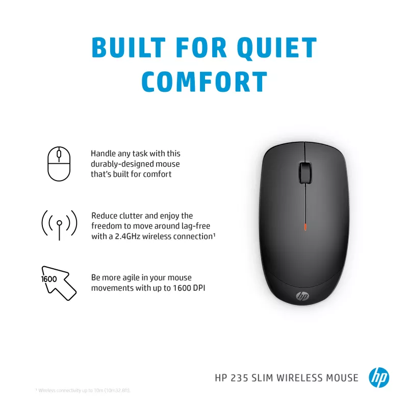 HP 235 plonas Wireless pelė, abiem rankoms tinkama, optinė, RF belaidė, 1600 DPI, juoda