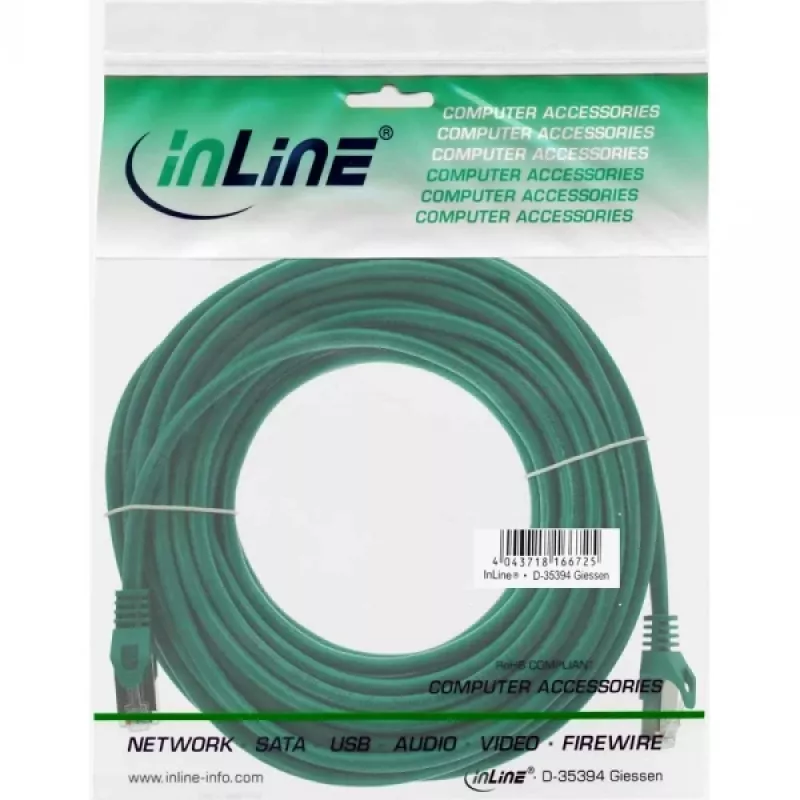 InLine komutacinis kabelis F/UTP Cat.5e žalias 10m, 10 m, Cat5e, F/UTP (FTP), RJ-45, RJ-45, Žalias