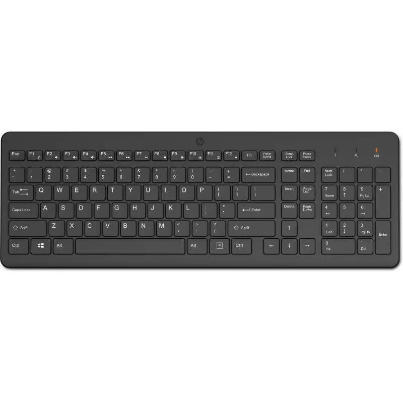 Belaidis pilno dydžio membraninis klaviatūros rinkinys HP 220 — juoda, RF 2.4 GHz, USB-A imtuvas, QWERTY, skaičių klaviatūra, AAA baterija