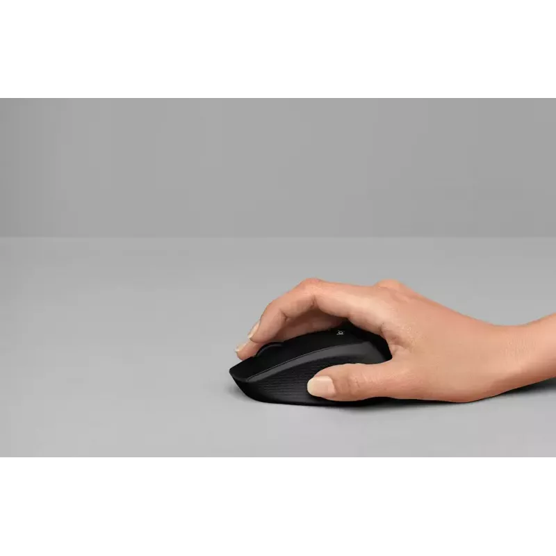 Logitech pelė M330 SILENT PLUS — RF belaidė, dešinei rankai, 1000 DPI, 3 mygtukai, slinkimo ratukas, juoda, maitinama baterija