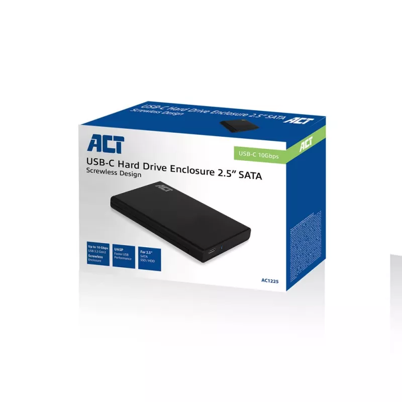 HDD/SSD korpusas ACT AC1225 2,5 colio SATA USB-C 3.2 Gen2 juodas