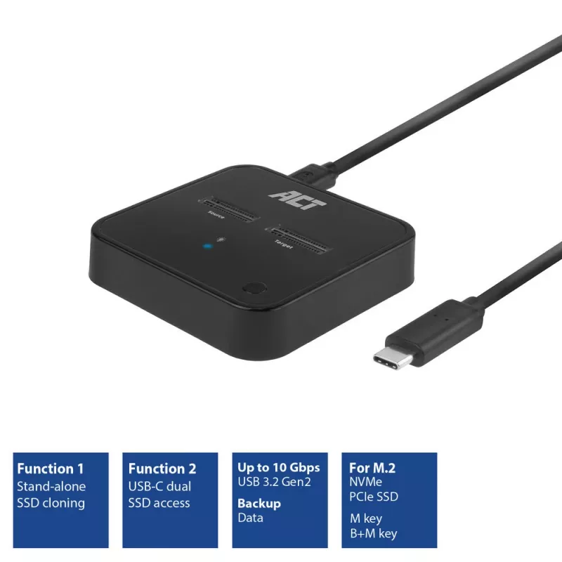 ACT M.2 NVMe/PCIe dviguba SSD prijungimo ir klonavimo stotelė, USB-C 3.2 Gen2