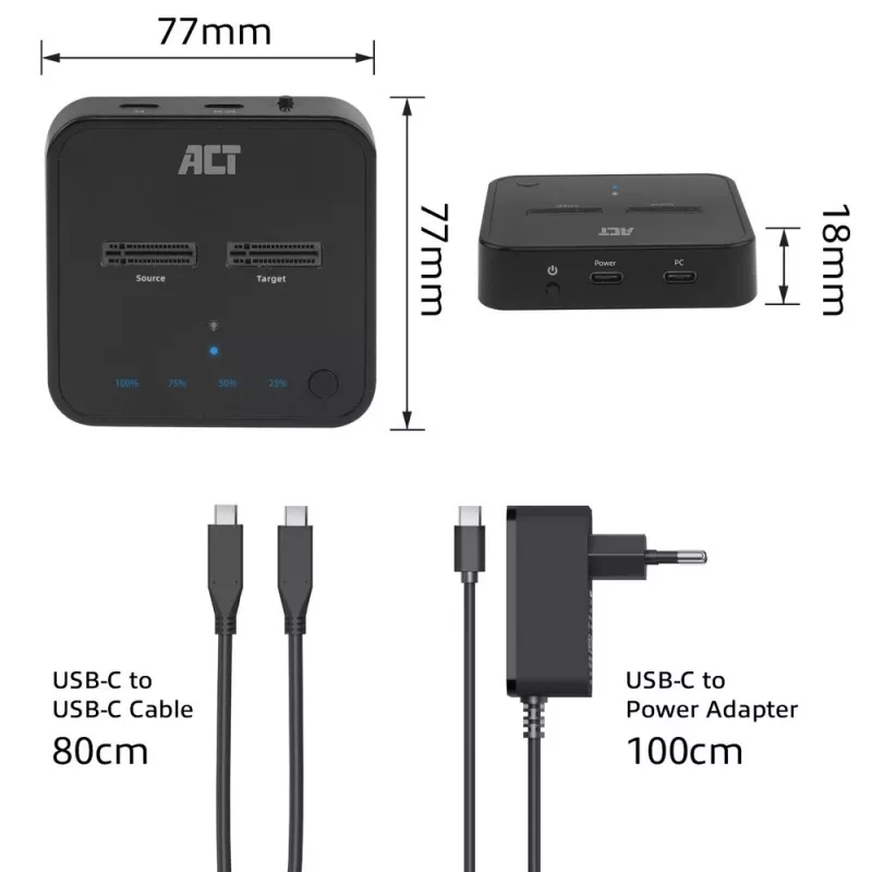 ACT M.2 NVMe/PCIe dviguba SSD prijungimo ir klonavimo stotelė, USB-C 3.2 Gen2
