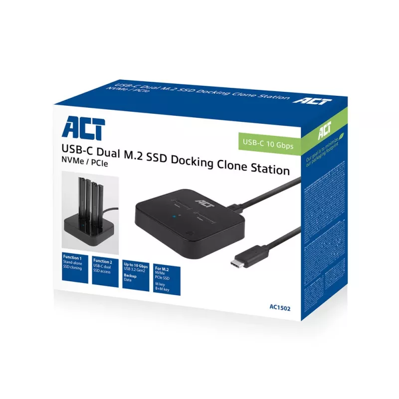 ACT M.2 NVMe/PCIe dviguba SSD prijungimo ir klonavimo stotelė, USB-C 3.2 Gen2