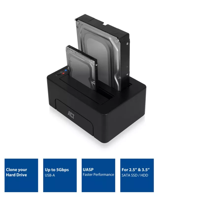 ACT 2,5 col. ir 3,5 col. SATA dviguba HDD/SSD prijungimo stotelė, USB 3.2 Gen1