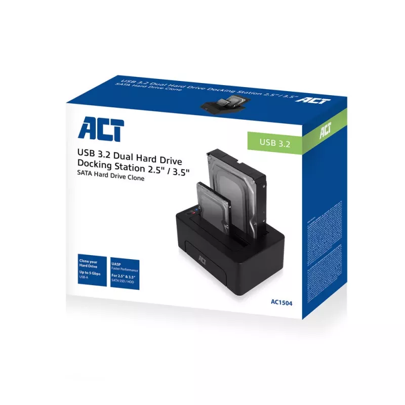 ACT 2,5 col. ir 3,5 col. SATA dviguba HDD/SSD prijungimo stotelė, USB 3.2 Gen1