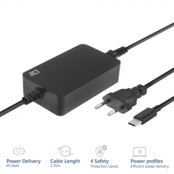 ACT USB-C nešiojamojo kompiuterio įkroviklis su Power Delivery profiliais 65W