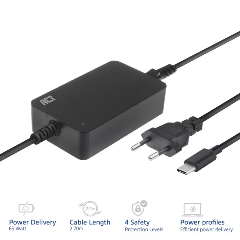 ACT USB-C nešiojamojo kompiuterio įkroviklis su Power Delivery profiliais 65W