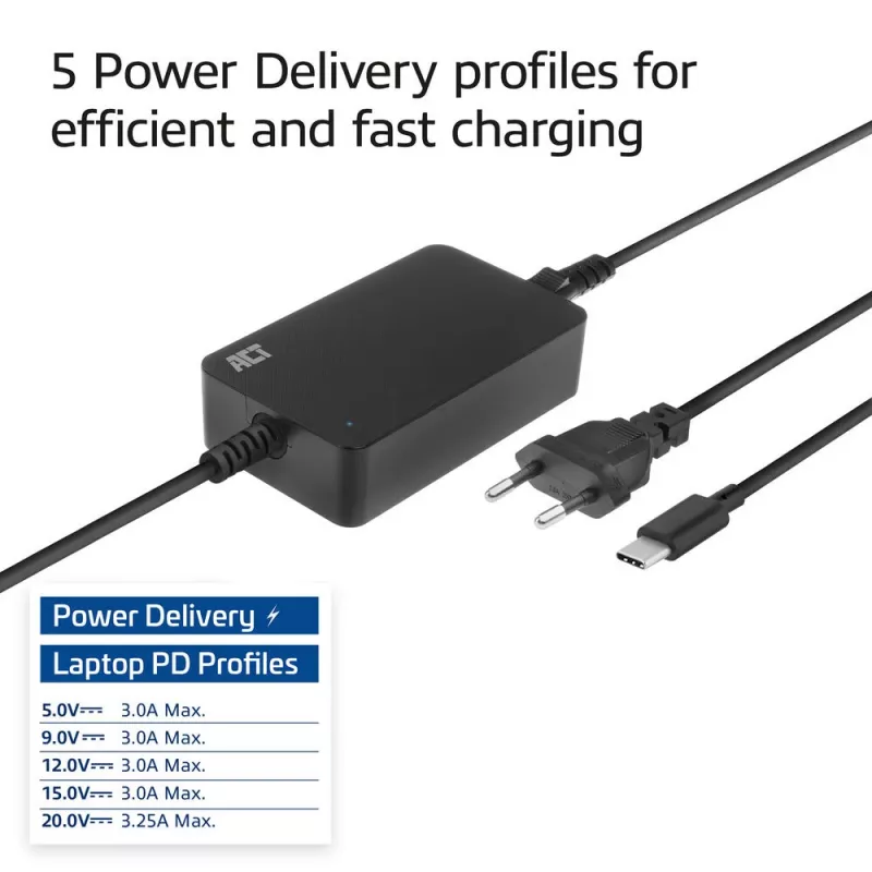 ACT USB-C nešiojamojo kompiuterio įkroviklis su Power Delivery profiliais 65W