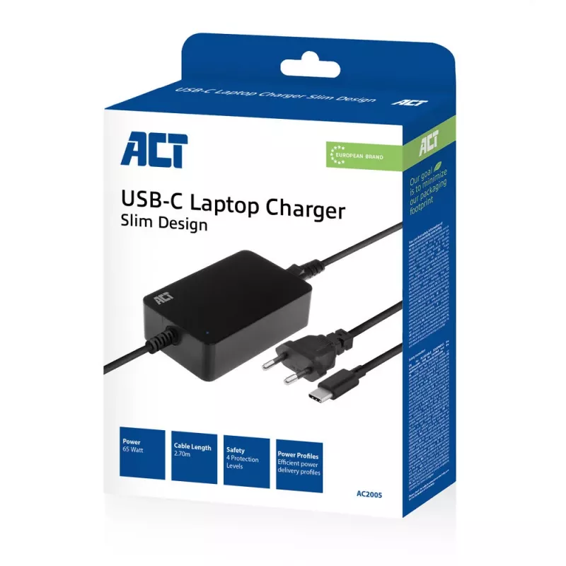 ACT USB-C nešiojamojo kompiuterio įkroviklis su Power Delivery profiliais 65W