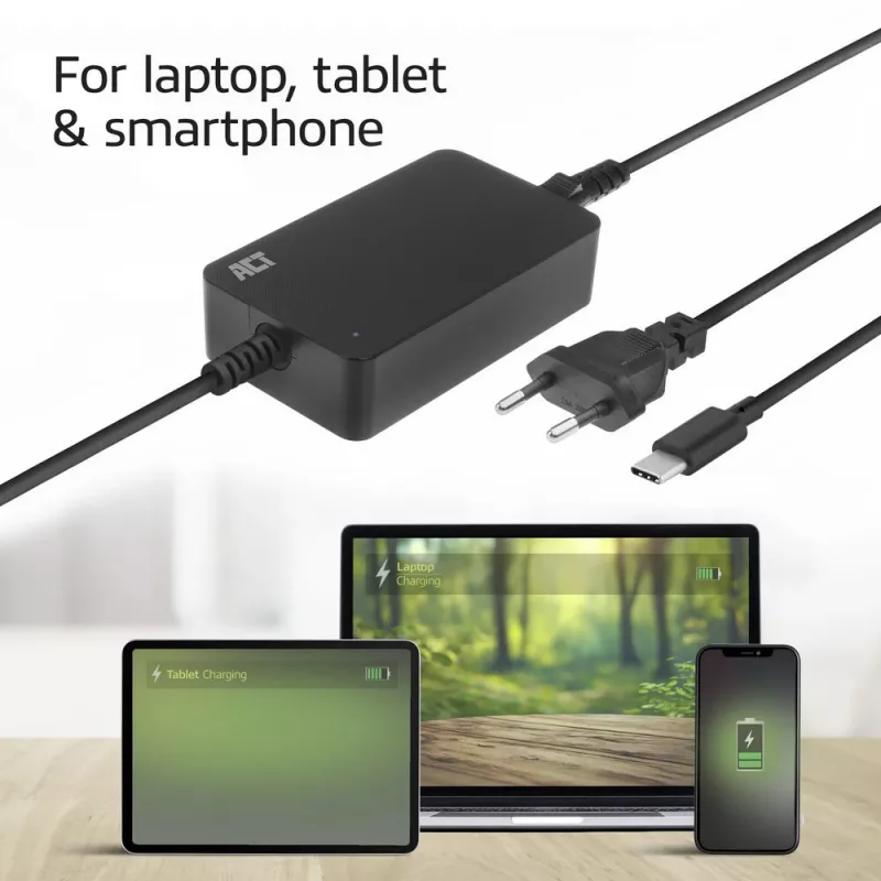 ACT USB-C nešiojamojo kompiuterio įkroviklis su Power Delivery profiliais 65W
