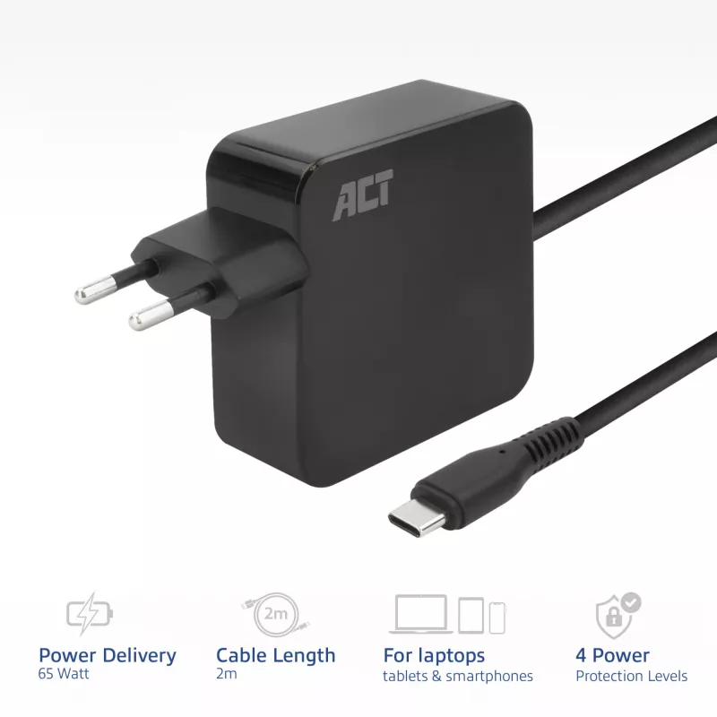 ACT USB-C nešiojamojo kompiuterio sieninis įkroviklis 65W su Power Delivery profiliais, 2 metrai
