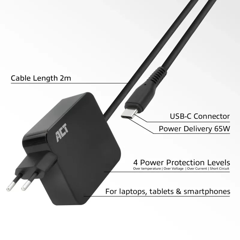ACT USB-C nešiojamojo kompiuterio sieninis įkroviklis 65W su Power Delivery profiliais, 2 metrai