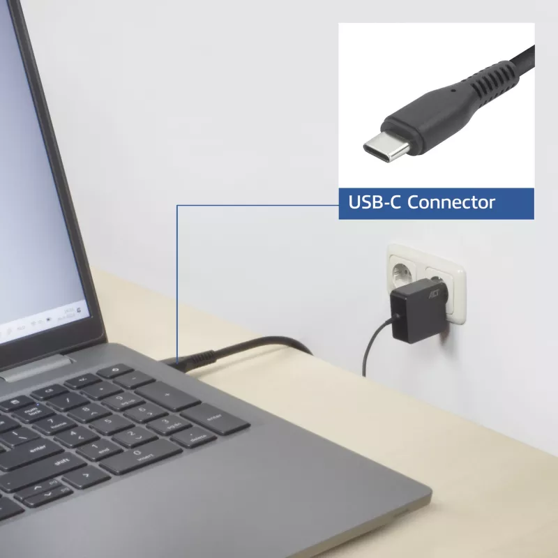 ACT USB-C nešiojamojo kompiuterio sieninis įkroviklis 65W su Power Delivery profiliais, 2 metrai