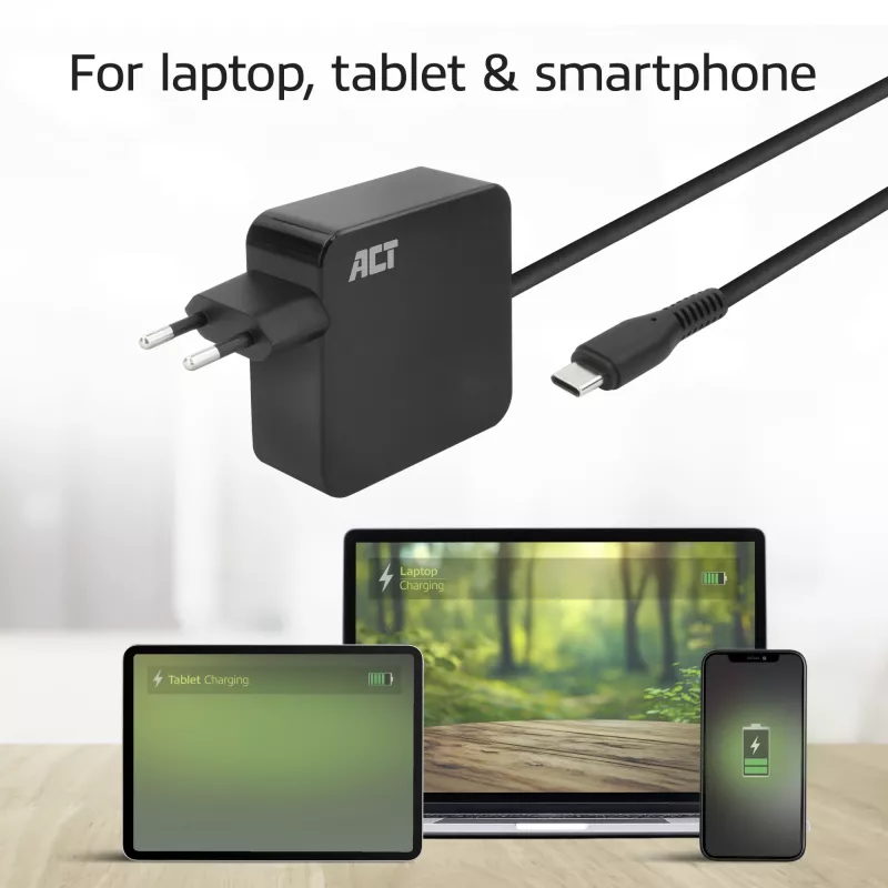 ACT USB-C nešiojamojo kompiuterio sieninis įkroviklis 65W su Power Delivery profiliais, 2 metrai