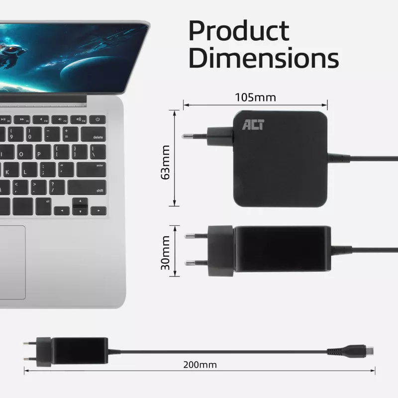ACT USB-C nešiojamojo kompiuterio sieninis įkroviklis 65W su Power Delivery profiliais, 2 metrai