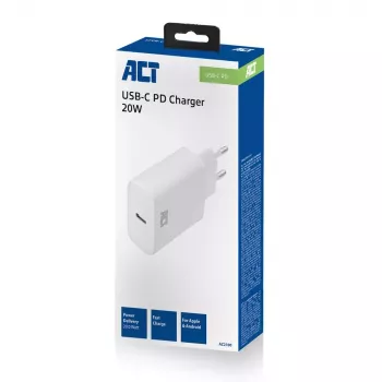 ACT kompaktiškas USB-C įkroviklis 20 W greitas įkrovimas vidaus universalus baltas